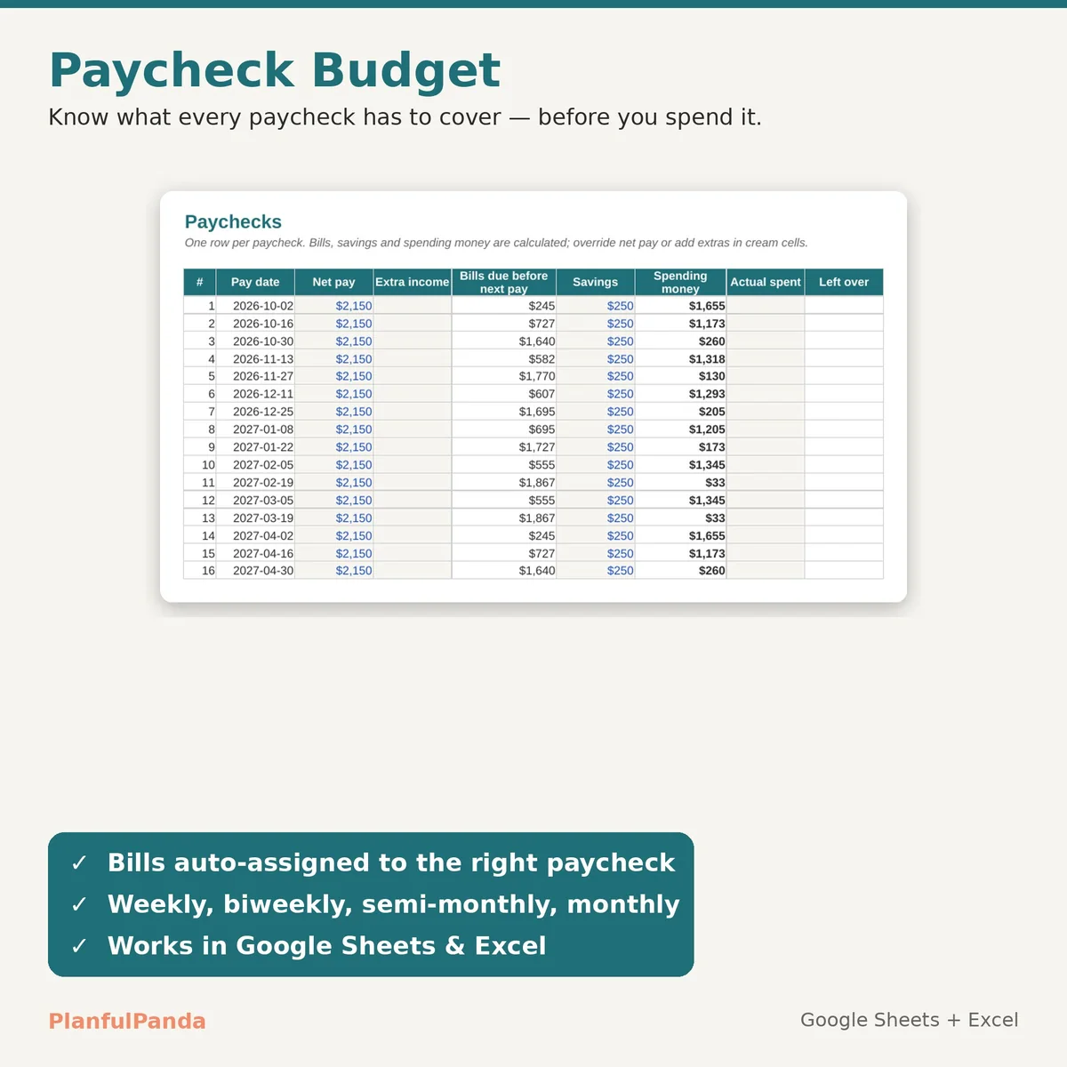 Paycheck Budget spreadsheet template preview