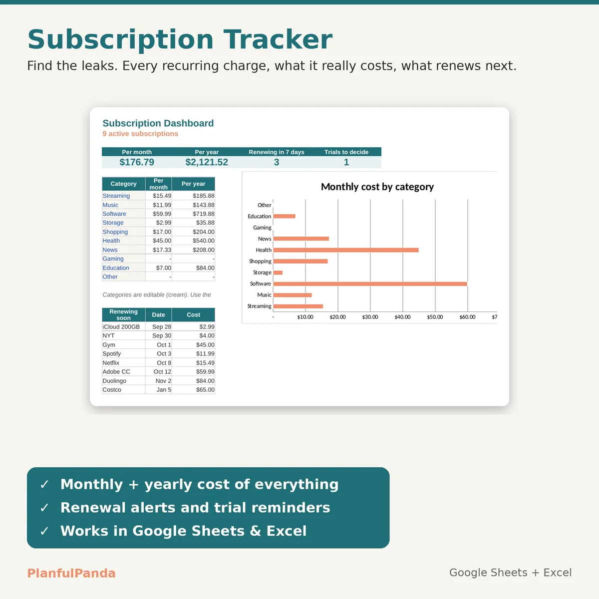 Subscription Tracker spreadsheet template preview